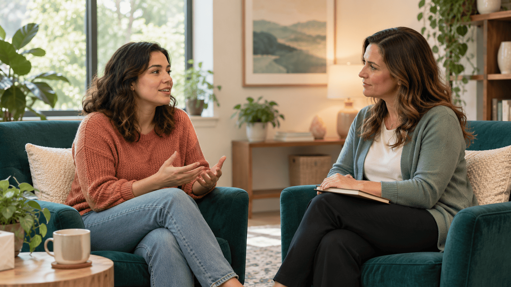 Adult woman speaking with a mental health provider about anxiety medication during a calm, supportive consultation.