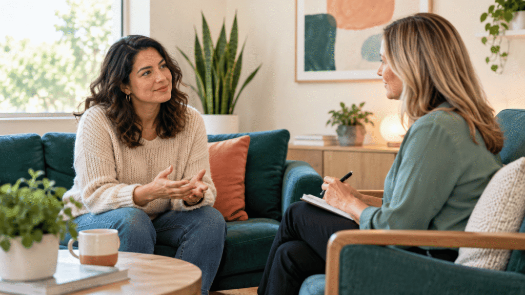 Adult patient discussing depression treatment with a mental health provider in a bright, welcoming office.