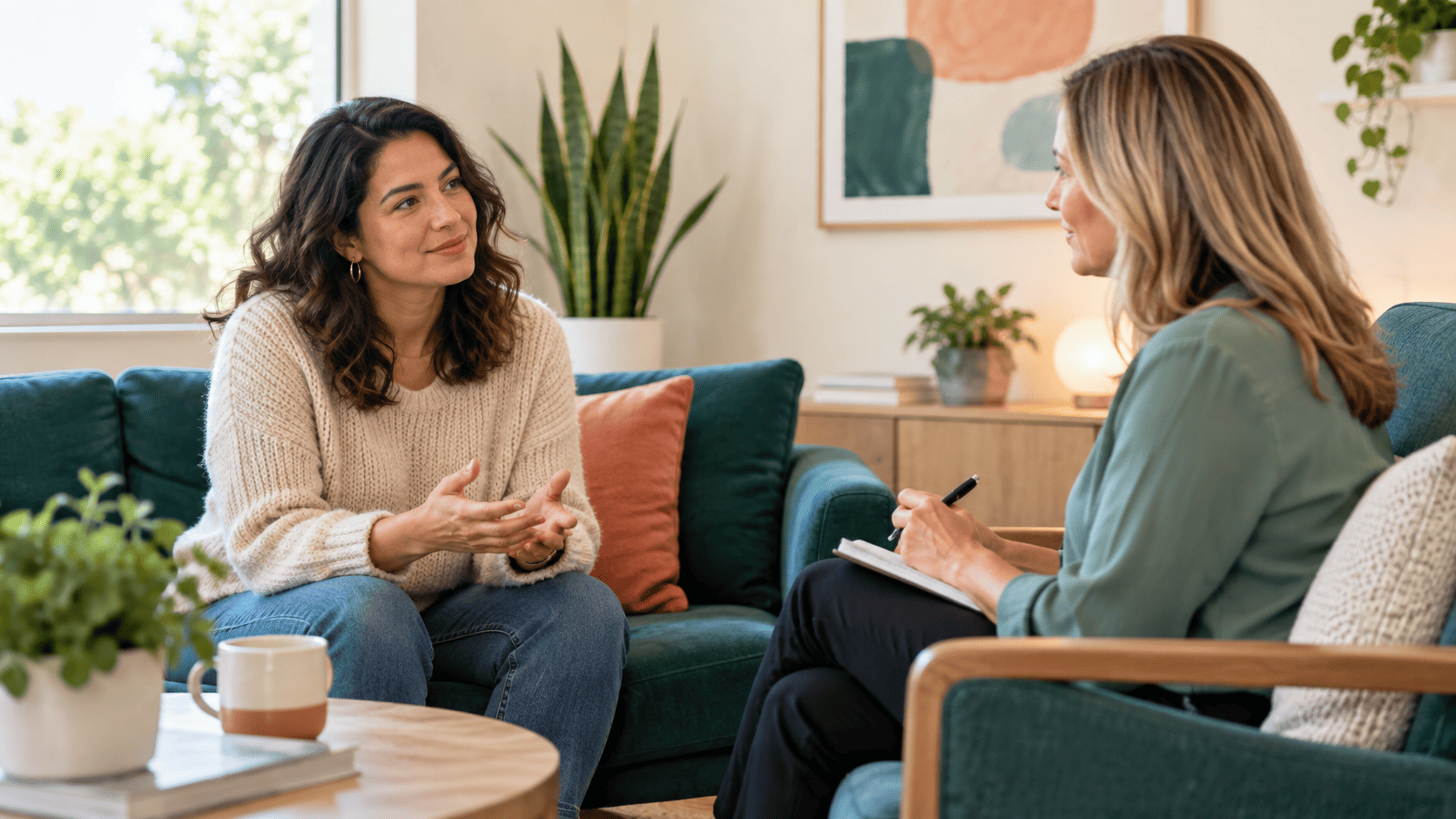 Adult patient discussing depression treatment with a mental health provider in a bright, welcoming office.