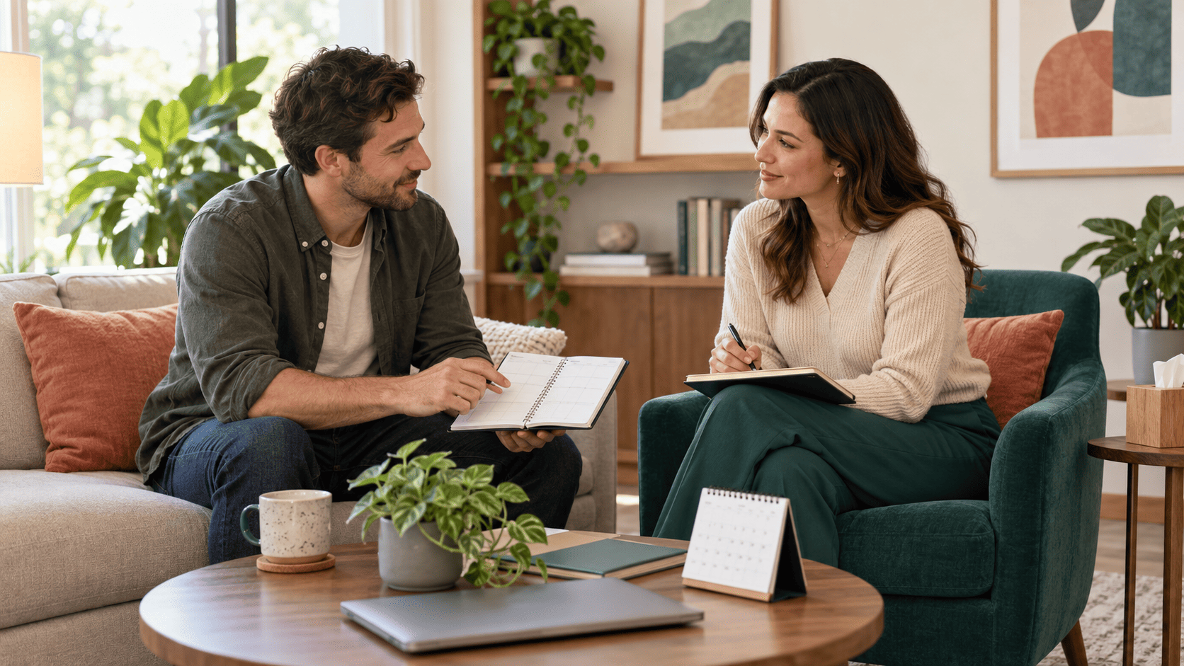 Adult patient reviewing an organized ADHD treatment plan with a supportive mental health provider in a bright office.