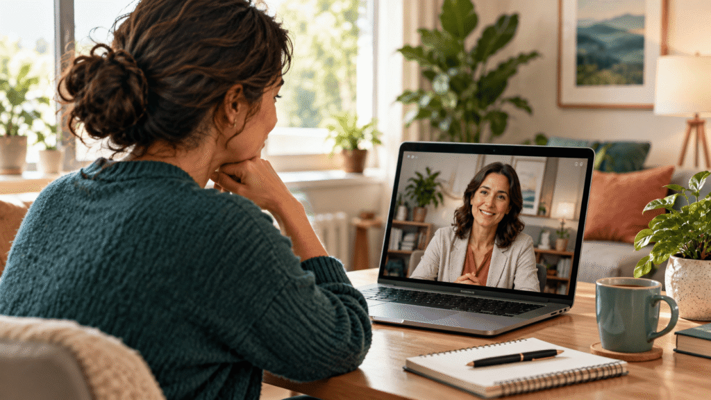 Adult patient attending a private telehealth mental health appointment with a supportive provider on a laptop.