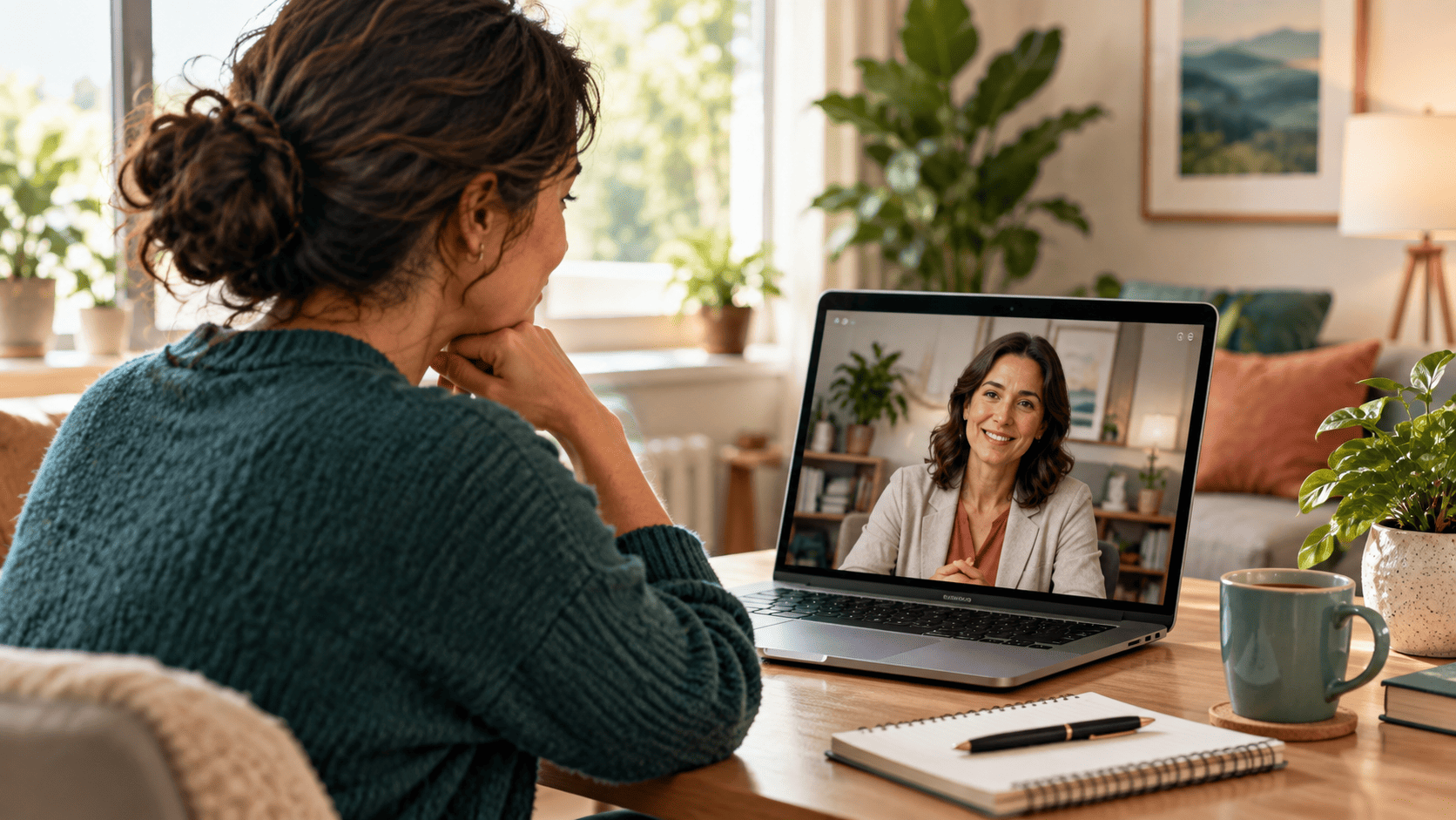 Adult patient attending a private telehealth mental health appointment with a supportive provider on a laptop.