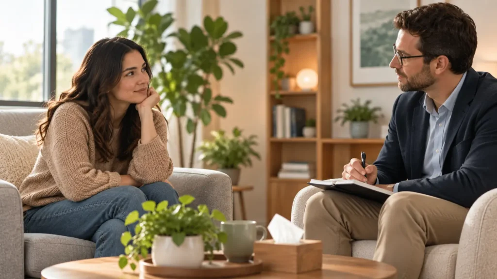 First psychiatric appointment with a patient talking to a mental health professional in a comfortable office