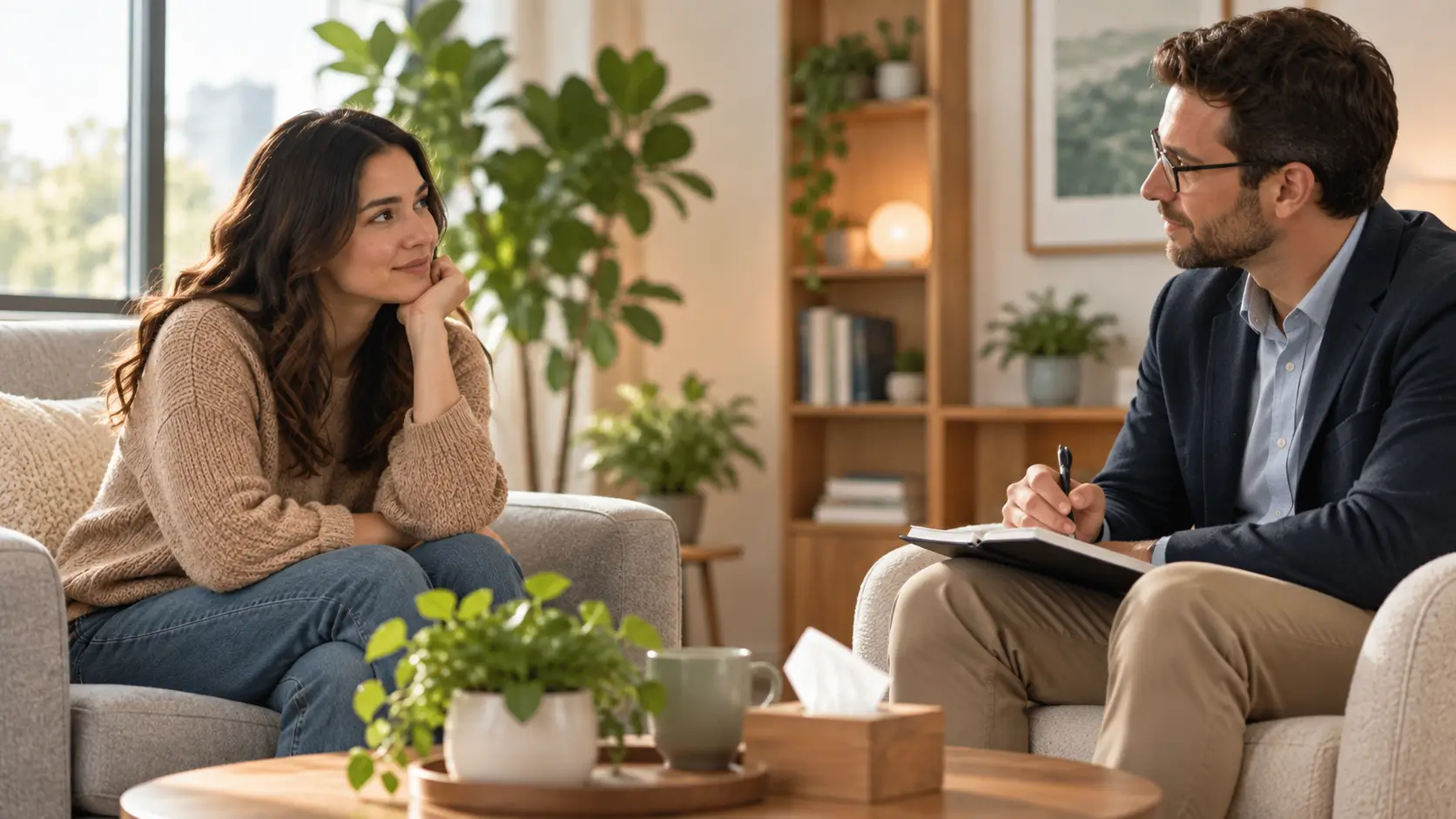 First psychiatric appointment with a patient talking to a mental health professional in a comfortable office