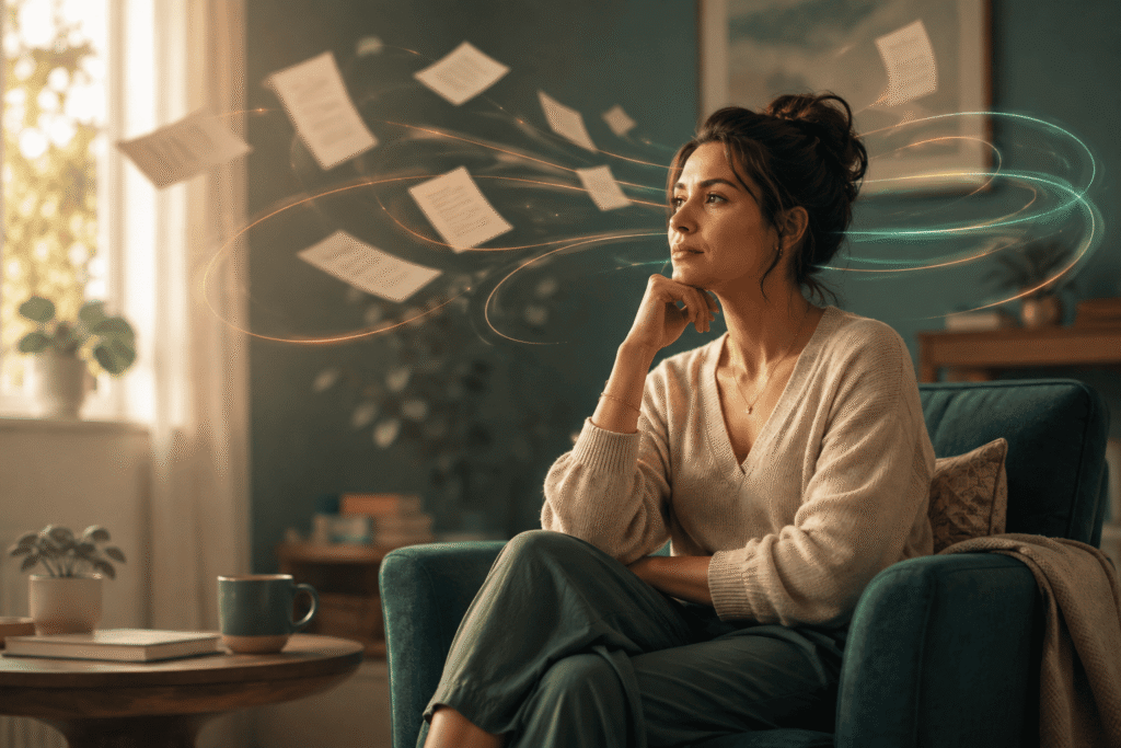 Adult woman sitting in a teal chair as floating notes and looping light trails symbolize overlapping ADHD and anxiety symptoms.