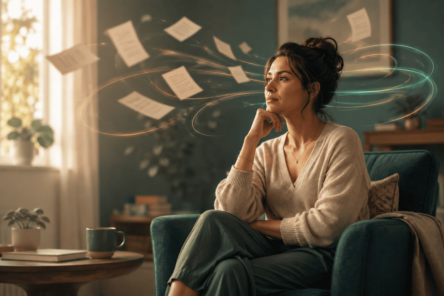 Adult woman sitting in a teal chair as floating notes and looping light trails symbolize overlapping ADHD and anxiety symptoms.