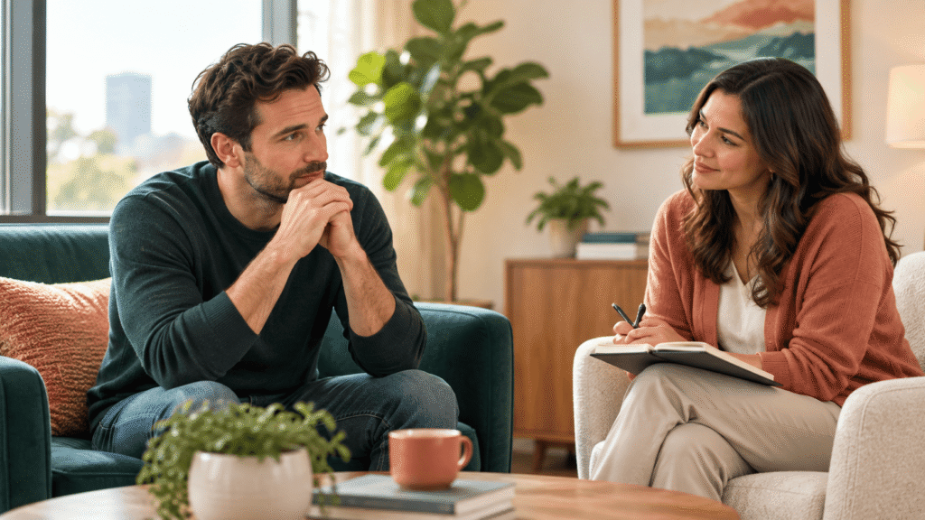 Adult man speaking with a supportive mental health provider about signs of depression in a warm, welcoming office.