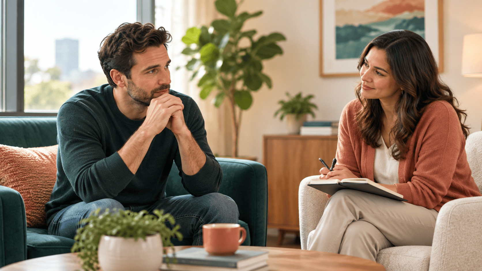 Adult man speaking with a supportive mental health provider about signs of depression in a warm, welcoming office.
