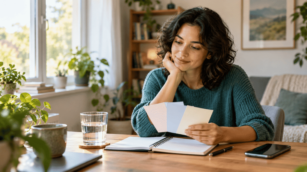 Adult reflecting on notes while considering overlapping ADHD, anxiety, or depression symptoms.