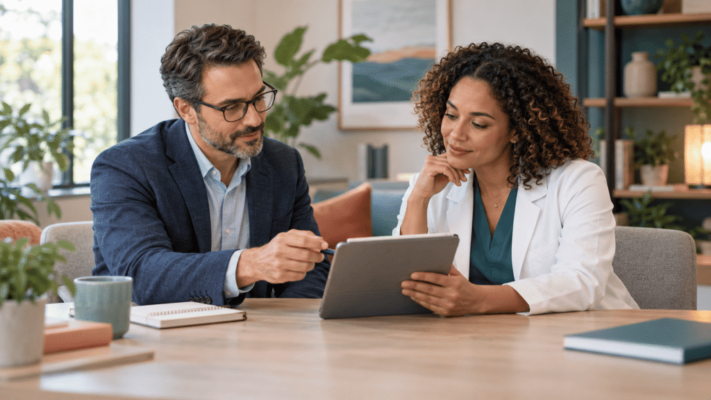 Psychiatrist and psychiatric nurse practitioner collaborating while discussing a patient’s mental health treatment plan.