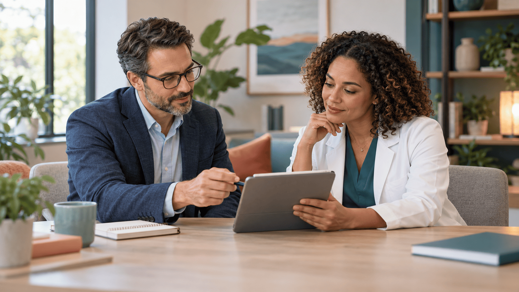 Psychiatrist and psychiatric nurse practitioner collaborating while discussing a patient’s mental health treatment plan.