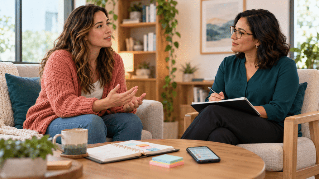 Adult woman discussing overlooked ADHD symptoms with a supportive mental health provider in a calm office.